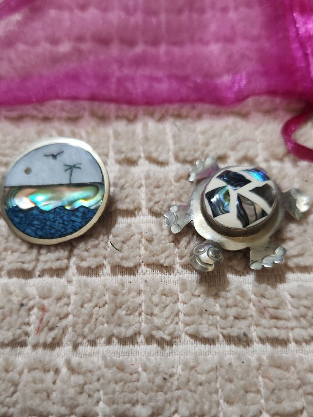 Vintage Abalone Shell Turtle & Ocean Stud Pins Silver Tone, Blue Accent - Picture 2 of 4